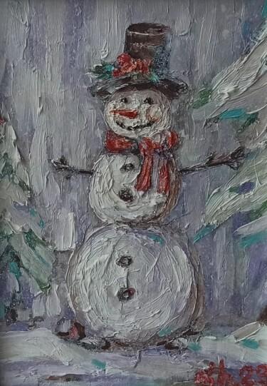 Картина под названием "Snowman Painting Wi…" - Svetlana Sindere, Подлинное произведение искусства, Масло Установлен на картон