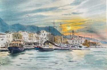 Pintura intitulada "Evening at Kyrenia…" por Svetlana Kostina, Obras de arte originais, Aquarela