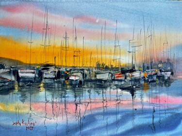 Картина под названием "Yachts at sunset #1" - Svetlana Kostina, Подлинное произведение искусства, Акварель
