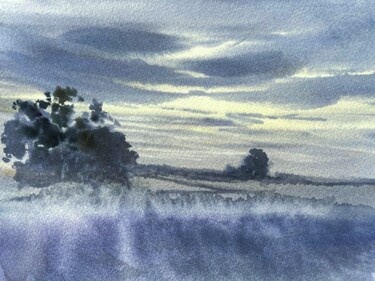 Painting titled "Foggy evening , lan…" by Svetlana Kostina, Original Artwork, Watercolor