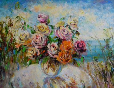 Malerei mit dem Titel "Розы на фоне моря" von Svetlana Kruglov, Original-Kunstwerk, Öl