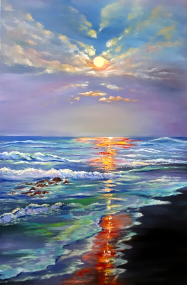 Pintura intitulada "Sunset at sea" por Svetlana Kunegina, Obras de arte originais, Óleo