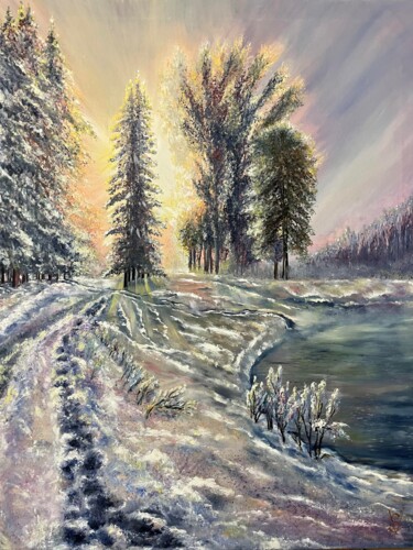 Pittura intitolato "Winter. Sunrise. Fog" da Svetlana Kunegina, Opera d'arte originale, Olio