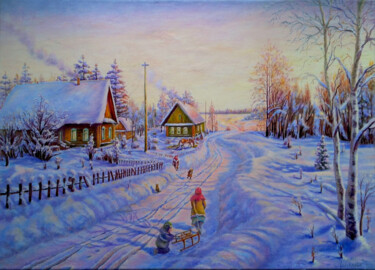 Painting titled "Зимой в деревне" by Svetlana Kuschialova, Original Artwork, Oil Mounted on artwork_cat.
