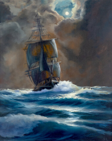 Pintura titulada "Ship in the moonlig…" por Svetlana Lebedeva, Obra de arte original, Oleo Montado en Bastidor de camilla de…