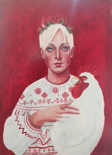 Peinture intitulée "La Fille au Coq ou…" par Svetlana Maksimenko, Œuvre d'art originale, Huile Monté sur Châssis en bois