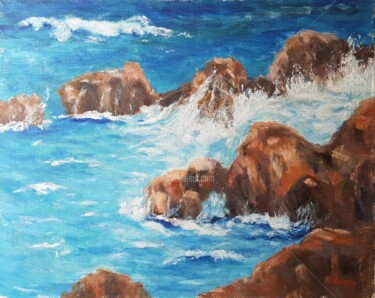 Painting titled "Rocky coast Ag.Spir…" by Svetlana Grishkovec-Kiisky, Original Artwork, Oil Mounted on Wood Stretcher frame