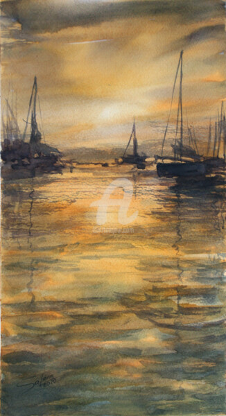 Painting titled "SUNSET ... HARBOR..." by Svetlana Samovarova (SA.LANA), Original Artwork, Watercolor