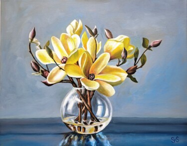 Schilderij getiteld "Magnolias in a glas…" door Svetlana Samsonova, Origineel Kunstwerk, Olie