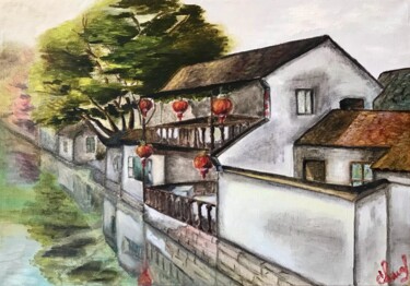Painting titled "CHINESE VENICE Zhou…" by Svetlana Shavrina, Original Artwork, Oil Mounted on Wood Stretcher frame