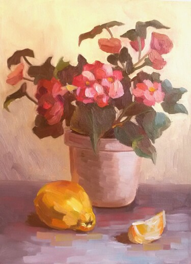 Картина под названием "Begonia in the gold…" - Svetlana Shcherilya, Подлинное произведение искусства, Масло Установлен на Де…