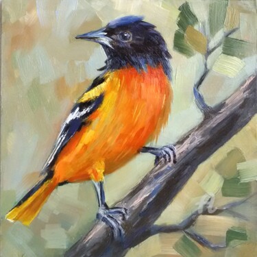 Painting titled "Yellow Bird Origina…" by Svetlana Shcherilya, Original Artwork, Oil Mounted on Other rigid panel