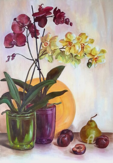 Painting titled "Plums and Orchids,…" by Svetlana Shcherilya, Original Artwork, Oil Mounted on Wood Stretcher frame