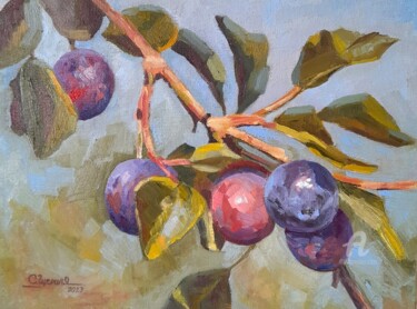 Pittura intitolato "Plum fruits on a br…" da Svetlana Shcherilya, Opera d'arte originale, Olio Montato su Cartone