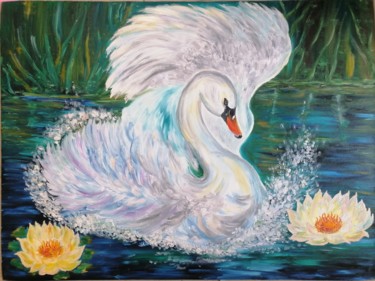 「White swan..Белый л…」というタイトルの絵画 Svetlana Sklyarによって, オリジナルのアートワーク, オイル ウッドストレッチャーフレームにマウント