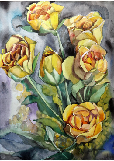 Malerei mit dem Titel "Rose gialle" von Sviatlana Danskaya, Original-Kunstwerk, Aquarell