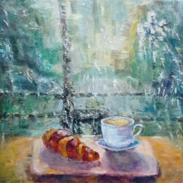 Painting titled "Сoffee and croissant" by Svitlana Fedas, Original Artwork, Oil