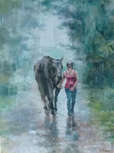 Pintura titulada "Horsewoman in the r…" por Svitlana Fedas, Obra de arte original, Oleo