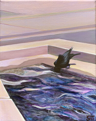 Painting titled "A Crow near the Wat…" by Svitlana Tetokina, Original Artwork, Oil Mounted on Wood Stretcher frame