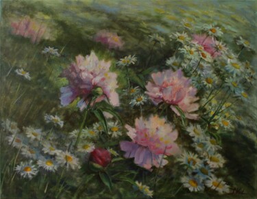 Pittura intitolato "Peonies on a chamom…" da Svitlana Vol, Opera d'arte originale, Olio