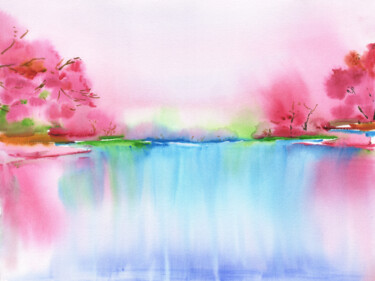 Painting titled "Cherry blossom gard…" by Svitlana Yanyeva, Original Artwork, Watercolor