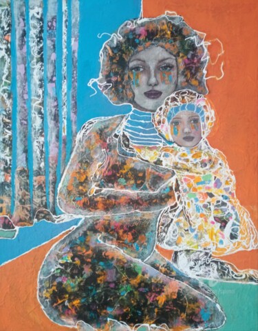 「Les liens... Mère e…」というタイトルの絵画 Sylvie Oliveriによって, オリジナルのアートワーク, アクリル ウッドストレッチャーフレームにマウント