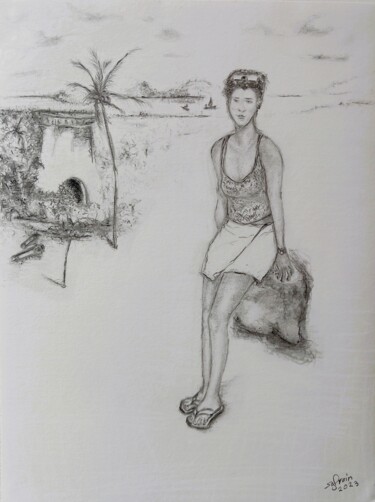 Zeichnungen mit dem Titel "Femme au Rocher à M…" von Sylvain Zabeth, Original-Kunstwerk, Bleistift