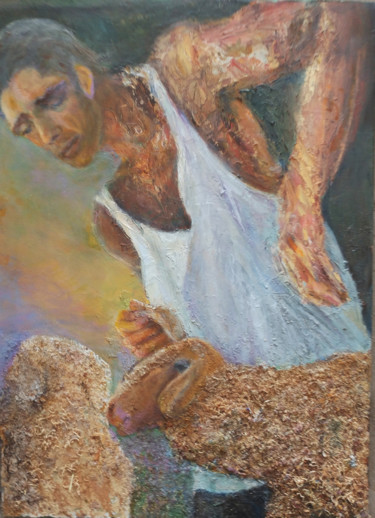 Painting titled "Shepherd With Sheeps" by Sylva Zalmanson, Original Artwork, Acrylic