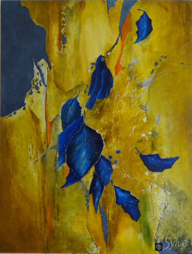 Malerei mit dem Titel "Le Merle bleu" von Sylviane Lacroze, Original-Kunstwerk, Öl Auf Holzplatte montiert