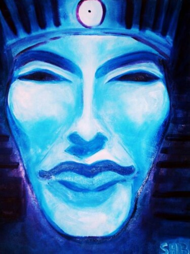 Painting titled "Pharaon Akhénaton" by Sylvia Adjabroux, Original Artwork, Oil Mounted on Wood Stretcher frame