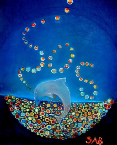 Pintura intitulada "SOS Dauphins" por Sylvia Adjabroux, Obras de arte originais, Óleo