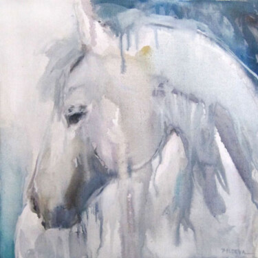 Painting titled "Gros plan cheval" by Sylvia Baldeva, Original Artwork, Oil Mounted on Wood Stretcher frame