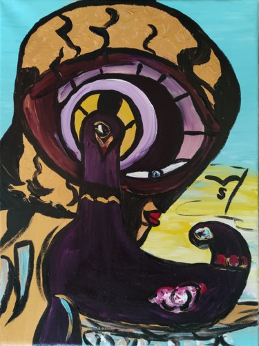 Painting titled "Femme-oiseau assise" by Sylviane Dréau (Sylviou), Original Artwork, Acrylic