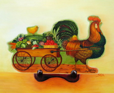 Painting titled "Rooster Express" by Sylvie Auvray Comin, Original Artwork, Oil Mounted on Wood Stretcher frame