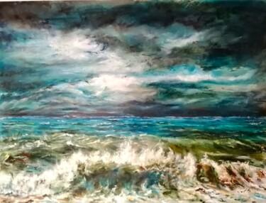 Painting titled "Tempête en mer" by Sylvie Bayle, Original Artwork, Oil Mounted on Cardboard