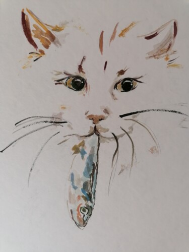 Peinture intitulée "Le chat et la sardi…" par Sylvie Bayle, Œuvre d'art originale, Encre