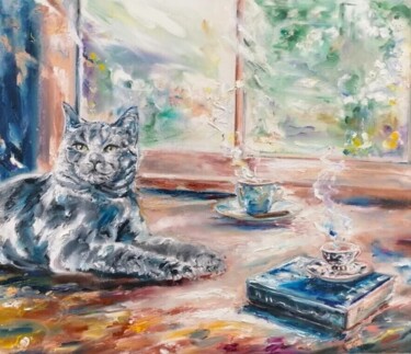 Schilderij getiteld "A cat, a book, a cu…" door Sylvie Bayle, Origineel Kunstwerk, Olie