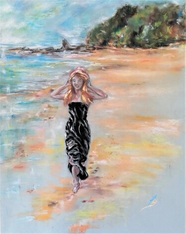 Drawing titled "COURIR SUR LE SABLE" by Sylvie Bayle, Original Artwork, Pastel Mounted on Cardboard