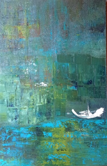 Картина под названием "Ma barque" - Sylvie Bisson, Подлинное произведение искусства, Масло Установлен на Деревянная рама для…