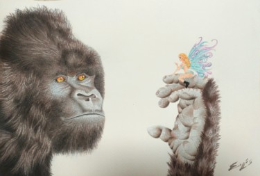 Painting titled "Gorille et sa fée" by Sylvie Cappe, Original Artwork, Watercolor
