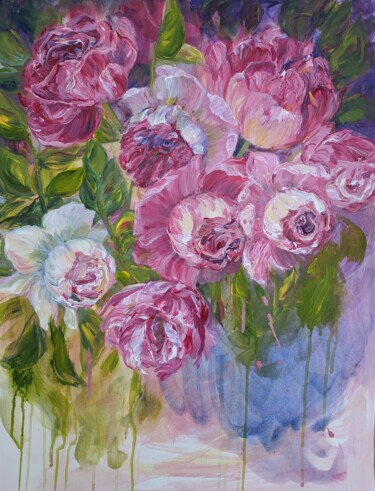 Peinture intitulée "Pink and White Peon…" par Sylvie Carter, Œuvre d'art originale, Acrylique