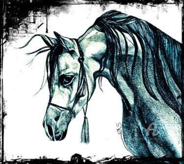 Drawing titled "Cheval bleu" by Sylvie Chauvin, Original Artwork, Pencil