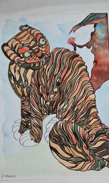 Estampas & grabados titulada "Le tigre" por Sylvie Etienne, Obra de arte original, Acuarela