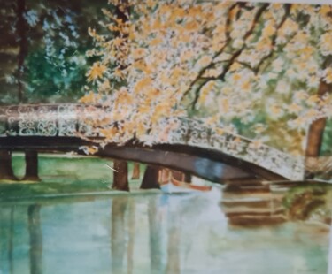 Painting titled "" Le Petit pont jap…" by Sylvie Etienne, Original Artwork, Watercolor