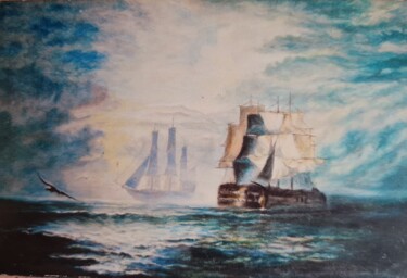 Painting titled "" La bataille naval…" by Sylvie Etienne, Original Artwork, Oil
