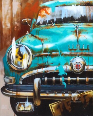 Painting titled "Simca 9 Deluxe" by Sylvie Julkowski-Egard, Original Artwork, Oil Mounted on Wood Stretcher frame