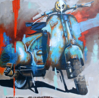 Schilderij getiteld "Petite Vespa bleue" door Sylvie Julkowski-Egard, Origineel Kunstwerk, Olie Gemonteerd op Frame voor hou…