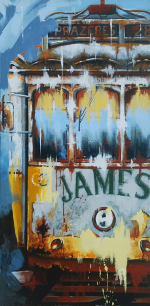 Картина под названием "Tramway jaune" - Sylvie Julkowski-Egard, Подлинное произведение искусства, Масло Установлен на Деревя…
