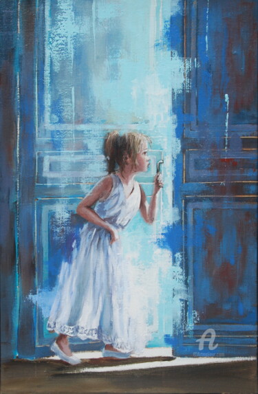 Painting titled "Spy kid" by Sylvie Julkowski-Egard, Original Artwork, Oil Mounted on Wood Stretcher frame