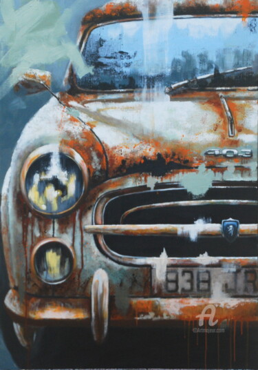 Painting titled "Peugeot 403" by Sylvie Julkowski-Egard, Original Artwork, Oil Mounted on Wood Stretcher frame